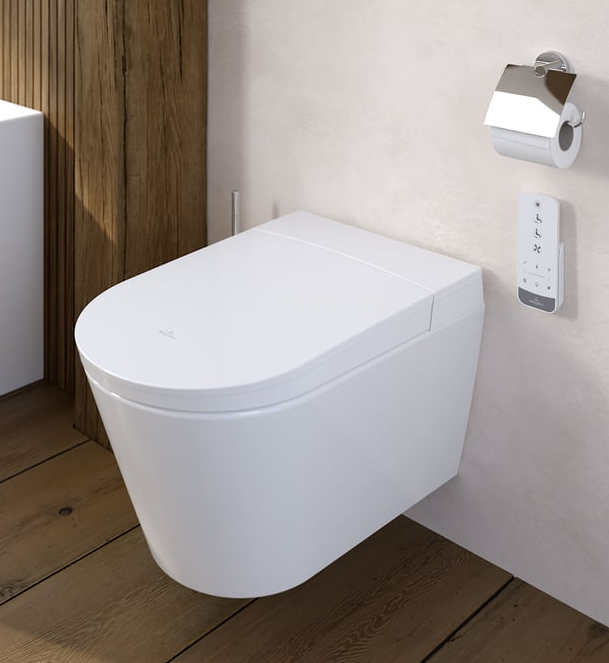 Villeroy & Boch Embrace Wand Dusch WC mit WC Sitz Farbe: weiß, Material WC: Sanitärkeramik, Material WC Sitz: Duroplast, Beschichtung: ohne Beschichtung, Länge: 61, Breite: 40, Scharnier: mit Absenkautomatik, Abgang: waagerecht, Zulauf: verdeckt hinter WC, Steuerung: elektronisch, Spülrand: ohne Spülrand, WC Sitz Design: Slim, WC Befestigung: unsichtbar Art-Nr V26EM101